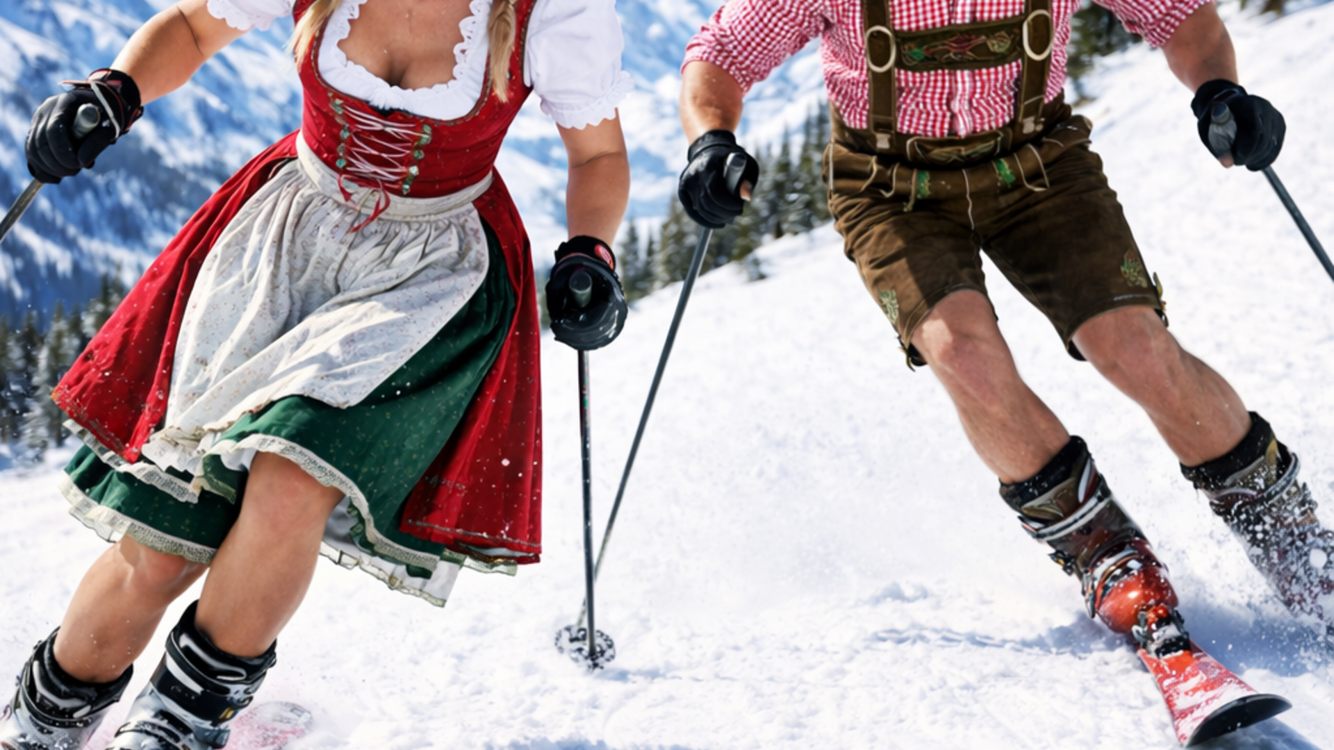 Events Couple skiing in lederhosen and dirndls