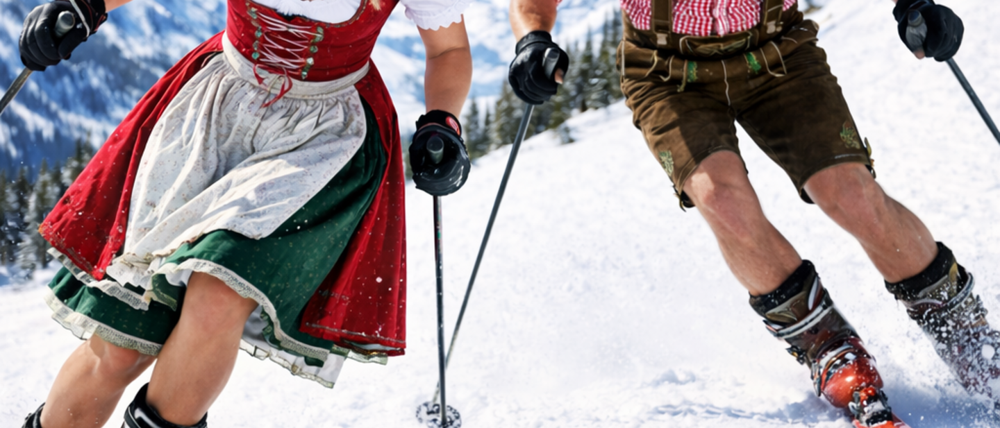 Ski day in traditional costume in the St. Johann in Tirol ski resort! Couple skiing in lederhosen and dirndls