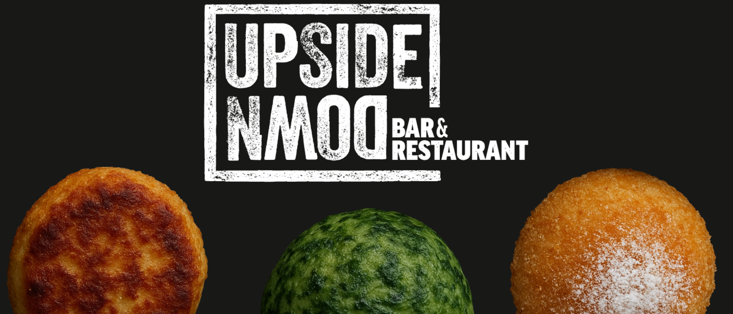 Bild mit dem Text: Knödelfest im UpsideDown Bar & Restaurant darunter ist ein Pressknödel, ein Spinatknödel und ein Topfenknödel Bild mit dem Text: Knödelfest im UpsideDown Bar & Restaurant darunter ist ein Pressknödel, ein Spinatknödel und ein Topfenknödel