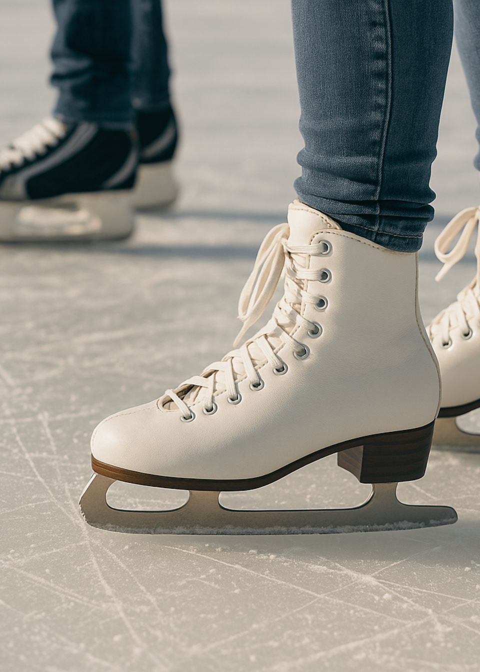 Eisläufer mit weißen und schwarzen Schlittschuhen Eisläufer mit weißen und schwarzen Schlittschuhen