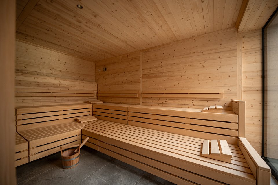 UpsideDown Restaurant Interior of a modern Finnish sauna with wooden benches and bucket