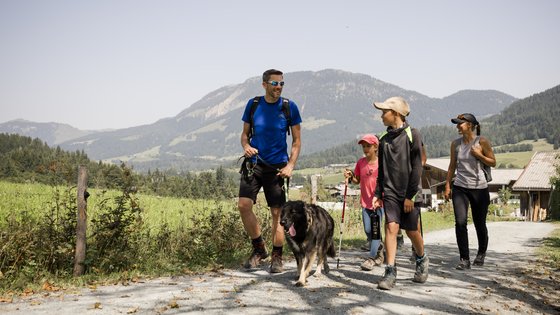 Familie mit Hund beim Wandern in den Kitzbüheler Alpen Familie mit Hund beim Wandern in den Kitzbüheler Alpen
