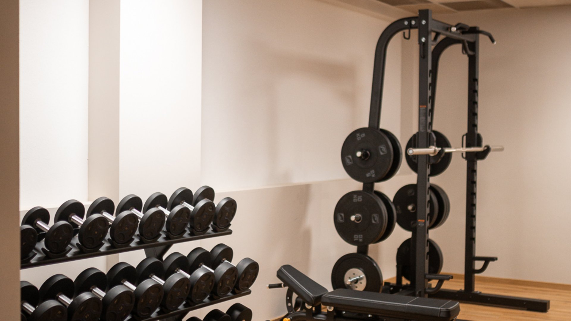 Fitnessstudio mit Kurzhanteln und Langhantelbank Fitnessstudio mit Kurzhanteln und Langhantelbank