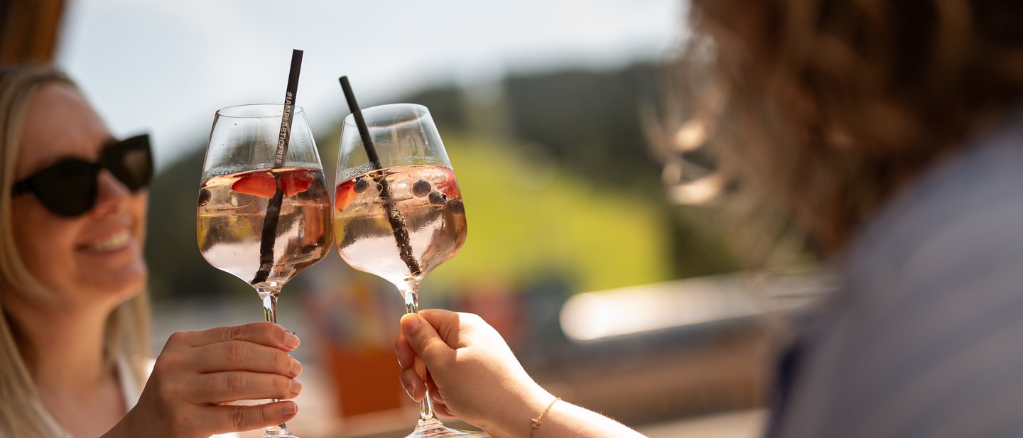 Two friends clink wine glasses together. Two friends clink wine glasses together.