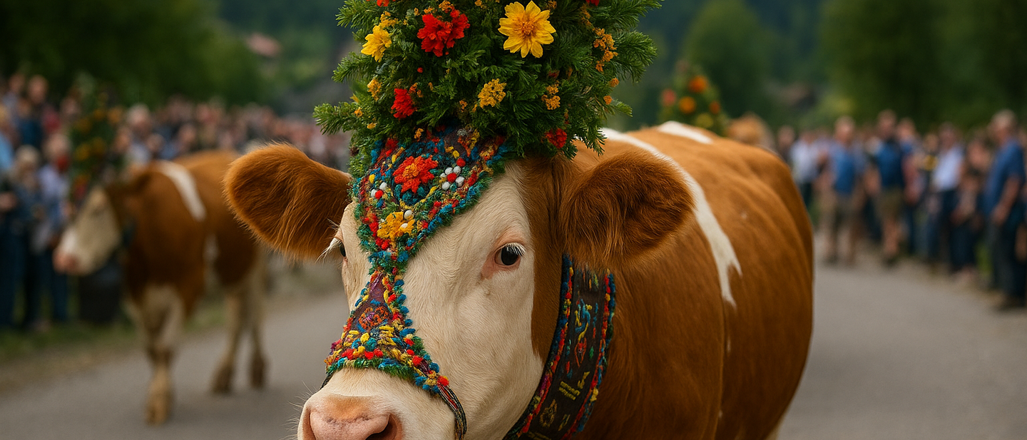 Decorated cow with flowers during the cattle drive, behind it another decorated cow and a large crowd Decorated cow with flowers during the cattle drive, behind it another decorated cow and a large crowd