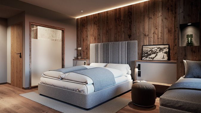 Ab ins Familienhotel in Fieberbrunn! Modernes Schlafzimmer mit Holzwand, grauem Bett und indirekter Beleuchtung