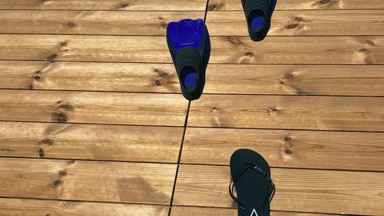 Urlaub für... Blaue Schwimmflossen und schwarze Flip-Flops auf Holzdeck neben Pooltreppe